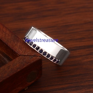 Sapphire Ring, silver ring for men, Natural Sapphire Band Ring, Gemstone Ring for him, Men Silver Band, Wedding Band,  Engagement Band Ring
