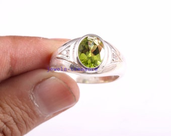 Peridot Signet Ring: Art Deco Sterling Silver Men's Ring