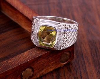 Lemon Quartz Sterling Silver Ring, Mens Stone Ring
