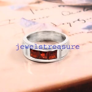 Garnet Men&#39;s Ring, Birth stone Men Ring, Red Garnet Ring, Natural Garnet Ring, Garnet Band, Wedding Band, Silver Band, Ring for Him