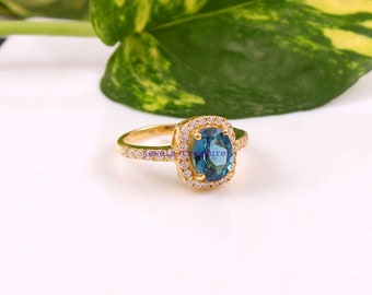 Blue Topaz Halo Ring, Gold Plated Sterling Silver, Women's Wedding Anniversary Gift