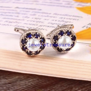 Pearl cufflinks, Sapphire Cufflinks, cufflinks for men,  silver men&#39;s cufflinks, wedding cufflinks, Engagement Cufflinks, Gift Cufflinks