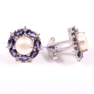 Handmade Sterling Silver Pearl Iolite Cufflinks: Art Deco Wedding Jewelry
