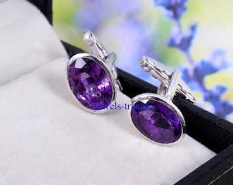 925 sterling silver cufflinks  for men, Amethyst  gemstone  cufflinks for him , Handmade silver men's cufflinks