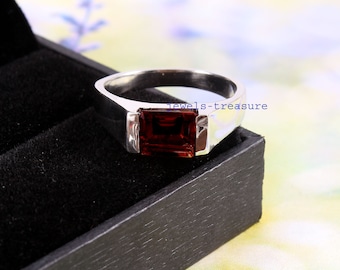 Anillo de plata de ley con granate natural para hombre: anillo con piedra de nacimiento