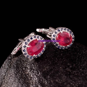 Art Deco Sapphire & Ruby Cufflinks: Sterling Silver Wedding Jewelry