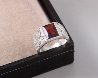 Garnet Men&#39;s Ring, Silver Men&#39;s Ring, Natural Garnet stone Ring, Handmade Men Ring, Art Deco Ring, Promise Ring, Wedding Ring, Gift for him
