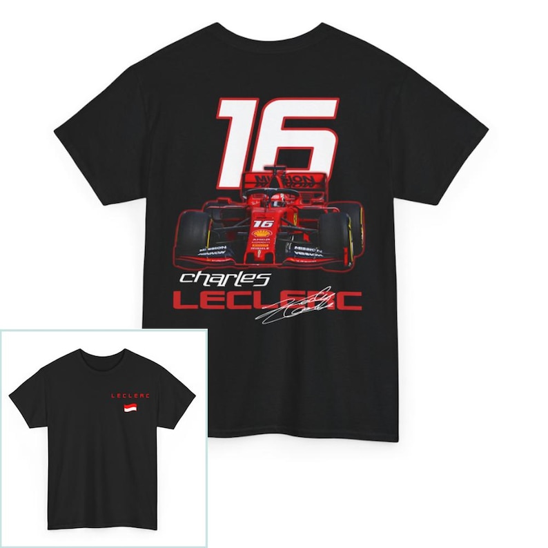 May include: Black t-shirt with a red and white Formula 1 race car graphic. The car has the number 16 on it. The text "charles LECLEC" is below the car with a signature.