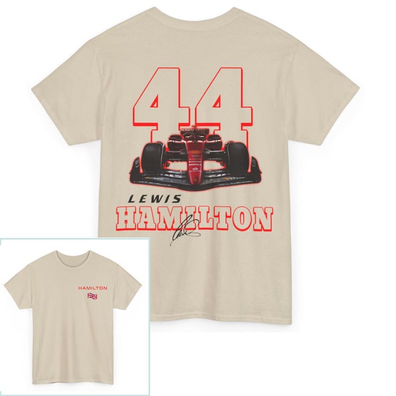 May include: A beige t-shirt with a red and white graphic of a race car and the number 44. The text "Lewis Hamilton" is printed below the car. The t-shirt has a crew neck and short sleeves.