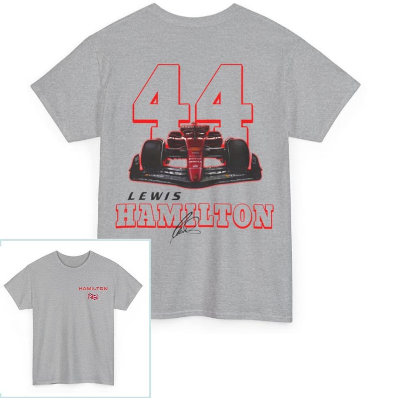 May include: A gray t-shirt with a red and white image of a race car and the number 44. The text "Lewis Hamilton" is printed below the car.