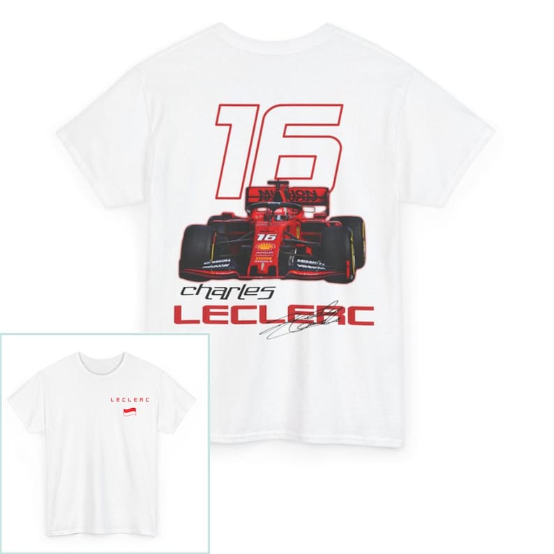 May include: White t-shirt with a red and white Formula 1 race car graphic on the back. The car has the number 16 on it and the name "Charles Leclerc" is printed below the car.