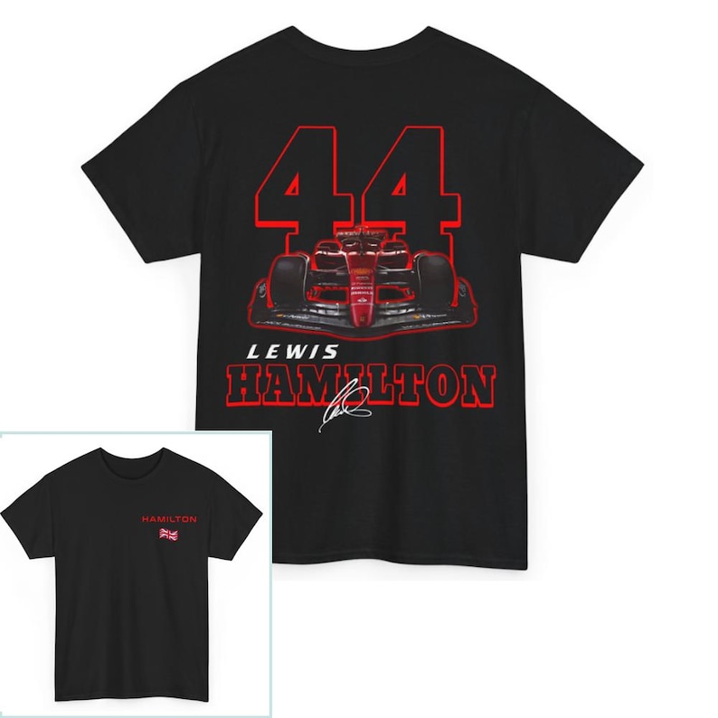 K&ouml;nnte beinhalten: Schwarzes T-Shirt mit einem roten und wei&szlig;en Rennwagen-Motiv, der Nummer 44 und dem Text "Lewis Hamilton".
