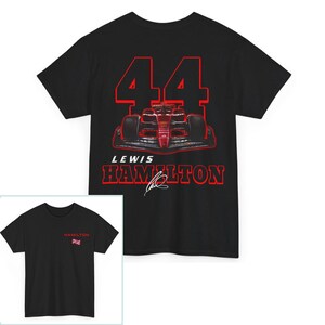 May include: Black t-shirt with a red and white race car graphic, the number 44, and the text "Lewis Hamilton".