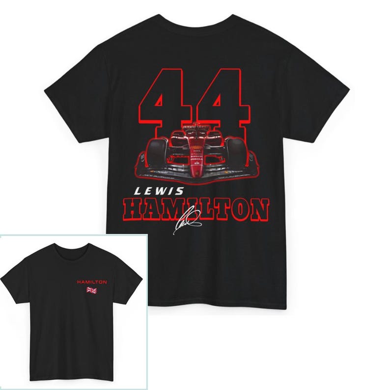 May include: Black t-shirt with a red and white race car graphic, the number 44, and the text "Lewis Hamilton".
