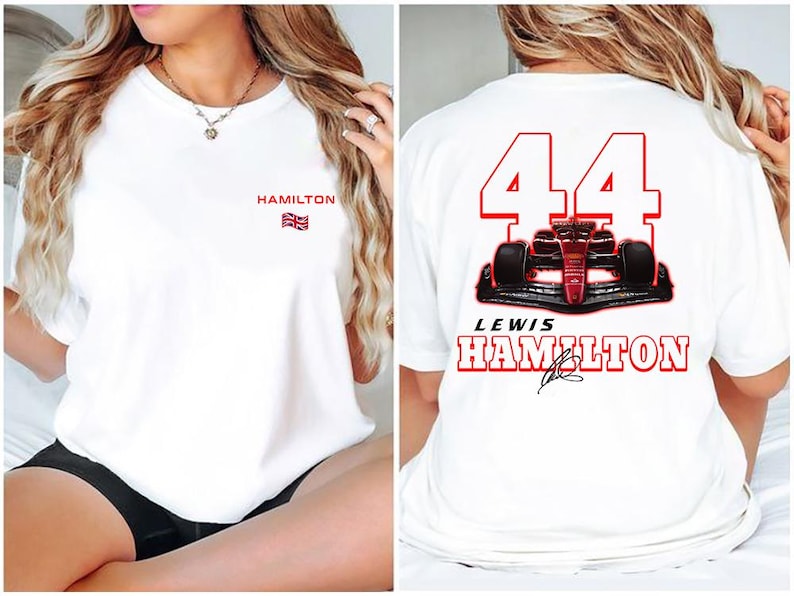 May include: White t-shirt with a red number 44 and a red race car on the back. The text "Lewis Hamilton" is printed below the car. The front of the shirt has the text "Hamilton" and a small British flag.