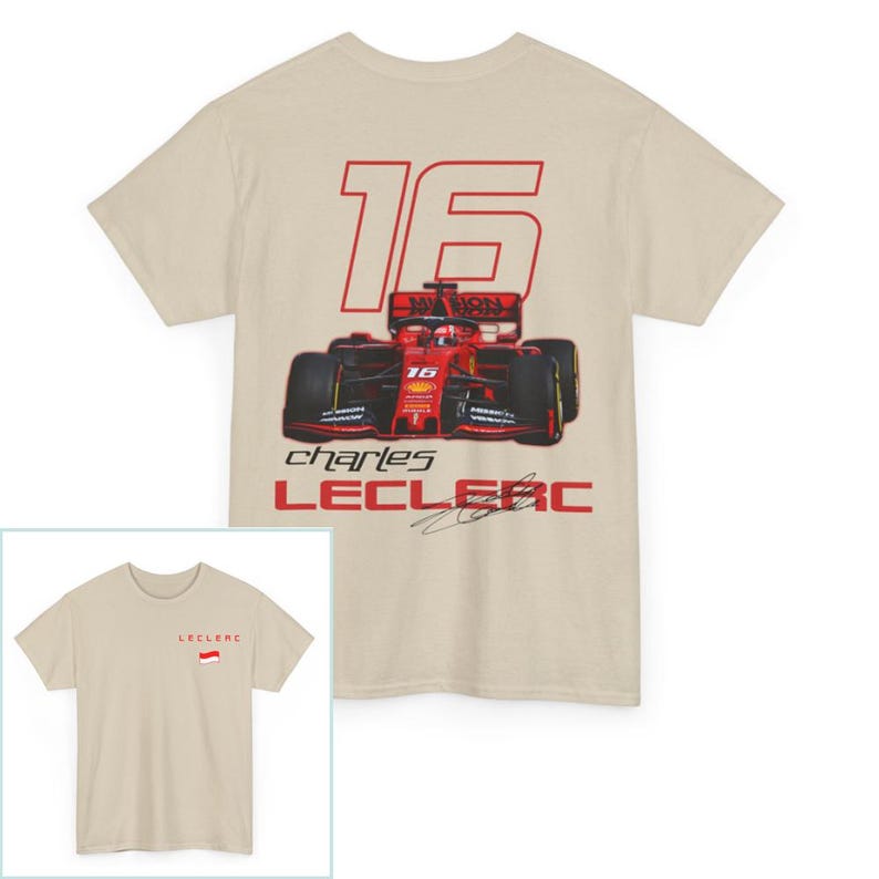 May include: A beige t-shirt with a red and white image of a race car with the number 16 on it. The text "charles LECLEC" is printed below the car. The t-shirt has short sleeves and a crew neck.