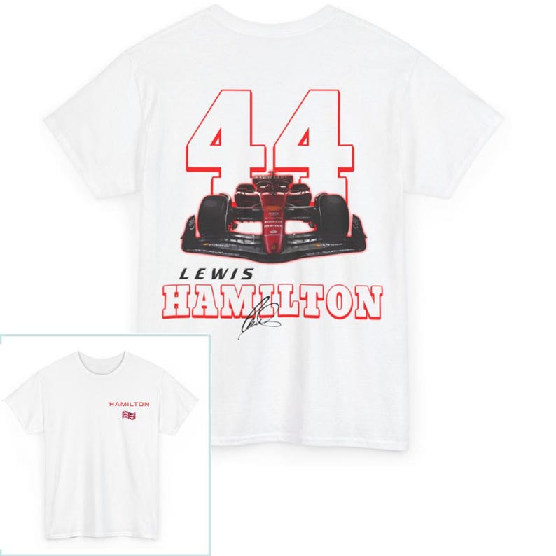 May include: White t-shirt with a red and white image of a race car and the number 44. The text "Lewis Hamilton" is printed below the car.