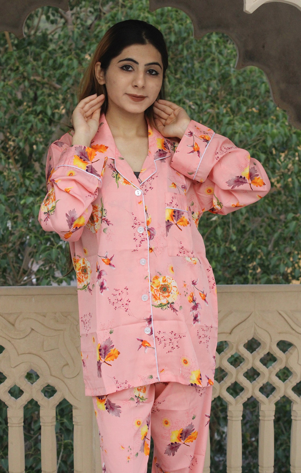 Floral Night Suit Indian Crepe Silk Pyjamas Set Nightwear Etsy
