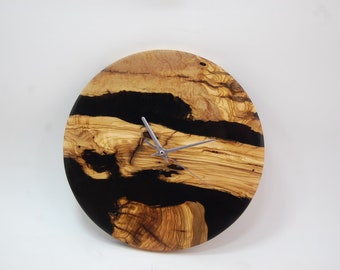 Olive Wood & Dark Gray Epoxy Clock, Industrial Wall Clock, Live Edge Wood Art, Large Clock, Rustic Wall Decor, New Home or Mothers Day Gifts