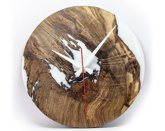 Epoxy clock, Resin clock, Clock for wall, Epoxy Wall Clock, Wooden Wall Clock Personalised Diameter, Walnut Tree Wood, White Epoxy