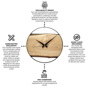 May include: A wooden wall clock with black hands and a natural wood finish. The clock is 30 mm thick and features a silent clock mechanism. The text "HAND MADE" and "100% HANDMADE" is visible on the image.
