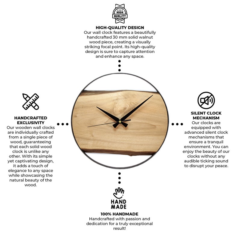 May include: A wooden wall clock with black hands and a natural wood finish. The clock is 30 mm thick and features a silent clock mechanism. The text "HAND MADE" and "100% HANDMADE" is visible on the image.