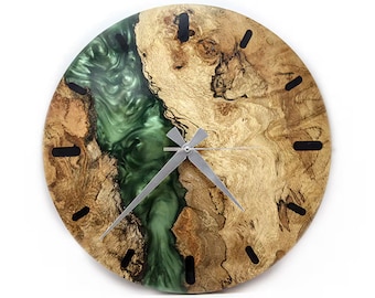 Green Epoxy Oak Wood Clock: Handmade Industrial Wall Art