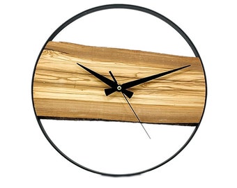 Ready to Ship Metal Black Frame & Live Olive Wood Clock, Boho Wall Art, Rustic Home Decor, Silent Clock, Mothers Fathers Valentines Day Gift