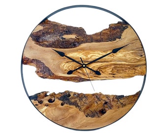 Olive Wood Wall Clock with Black Metal Frame: Large Live Edge Design