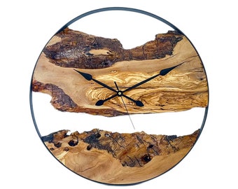 Olive Wood Wall Clock, Oversized Wall Clock, Large Wood Clock, Big Live Edge Wood, Indiustrial Clock, Tree Slice Clock, Rustic Wedding Gift