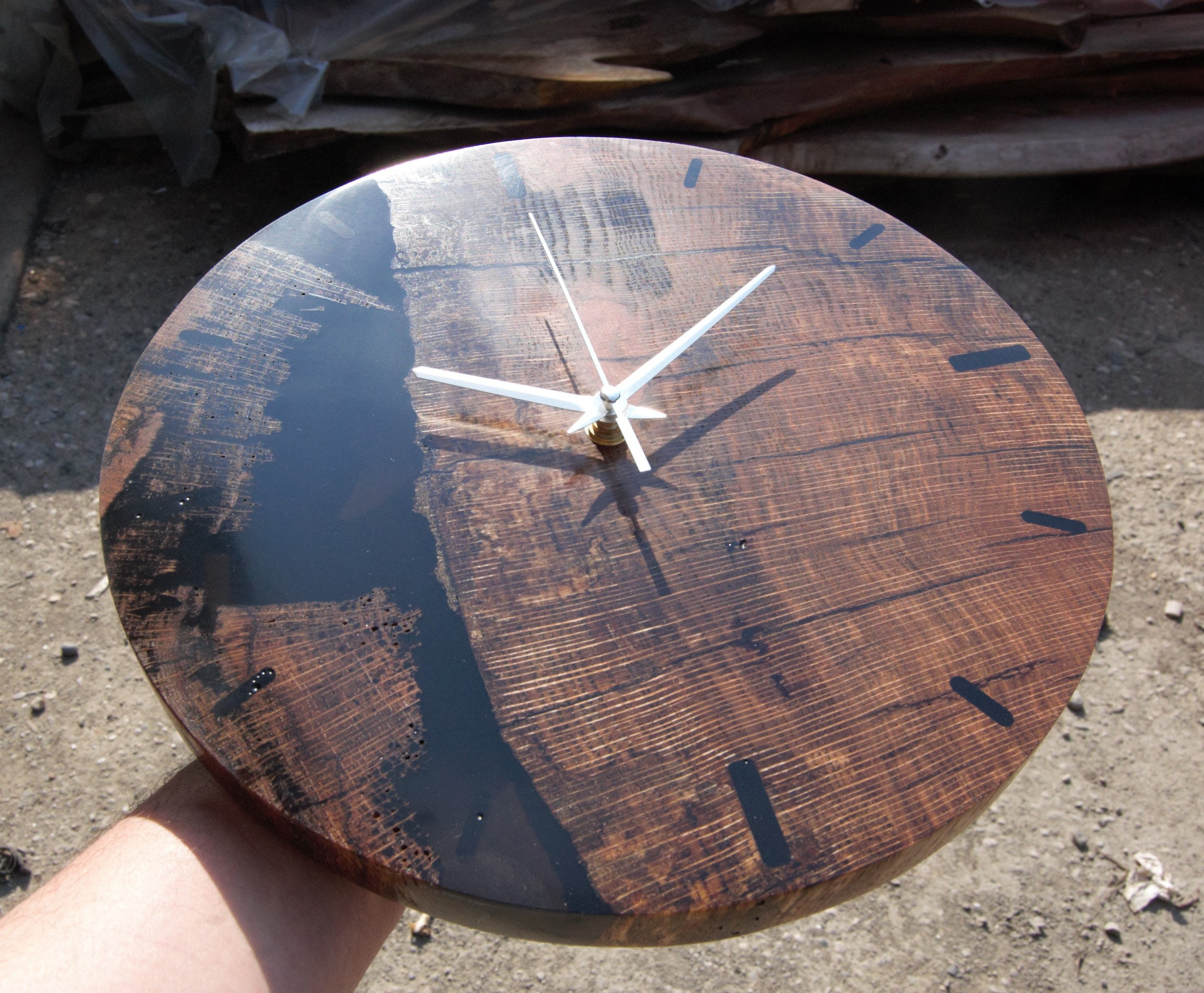 Epoxy & Oak Wood Wall Clock: Natural Live Edge, Silent Quartz