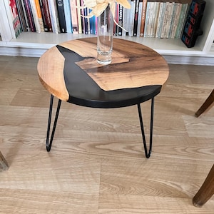 Handcrafted Walnut Side Table: Smoked Epoxy Resin, Black Metal Legs
