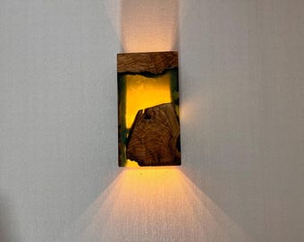 Handcrafted Olive Wood Wall Sconce: Green Epoxy Resin Ambient Light
