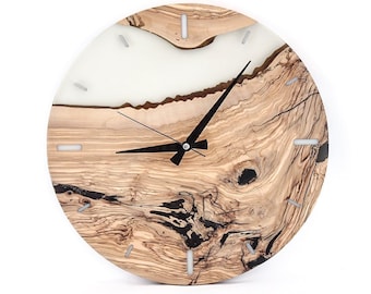 Custom Olive Wood Clock: Transparent Epoxy Resin, Live Edge Wall Art
