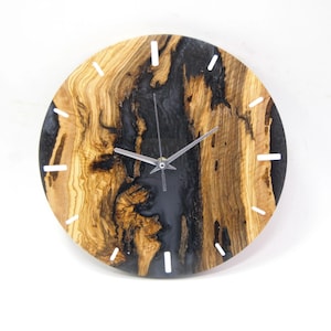 Handmade Olive Wood & Metallic Black Epoxy Wall Clock – Luxury Resin Art, Modern Minimalist Silent Clock, Rustic Natural Wood Decor