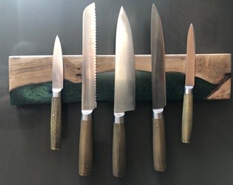 Green Epoxy River Knife Storage, Magnetic Walnut Wooden Knife Holder, Knife Rack, Knife Strip, Knife Block, Gift for Chef, Mother's Day Gift