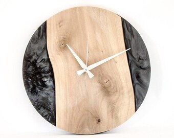 Metallic Black Epoxy Resin & Live Walnut Wood Clock, Rustic Wall Art, Farmhouse Decor, Office Home Gifts for Mum, Personalized Grandma Gifts