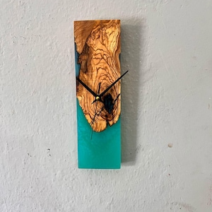 Turquoise Epoxy Olive Wood Wall Clock - Handmade Modern Decor