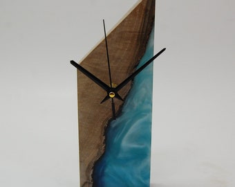 Blue Epoxy & Walnut Wood Table Clock, Live Edge Tabletop Clock, Mini Wooden Desktop Clock, Home Table Decor, Table Clock, Mother's Day Gifts