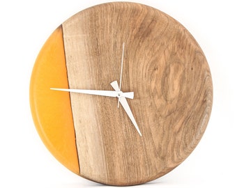 Custom Made Orange Epoxy Resin & Walnut Wood Wall Clock, Living Room and Kitchen Wall Clock, Wall Art for Home Office, Gift for Mother's Day