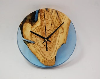 Custom Blue Epoxy Resin & Live Olive Wood Wall Clock, Minimalist Wall Art, Modern Kitchen Wall Decor, Unique Gift for Her Him, Home Presents