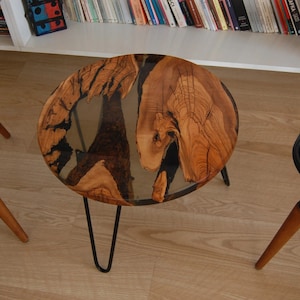 Handmade Olive Wood Coffee Table: Smoked Black Epoxy Resin, Metal Legs