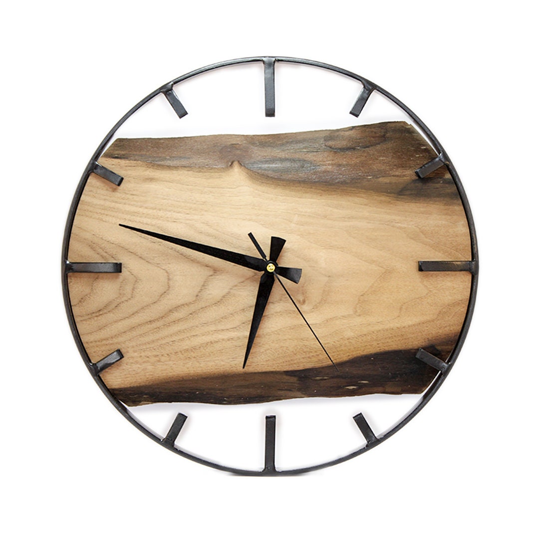 Walnut Wood Wall Clock, Metal Frame Wall Art, Rustic Decor