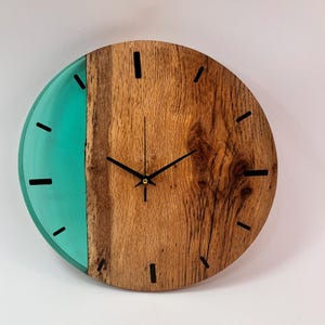 Turquoise Epoxy Resin Wall Clock: Live Edge Oak Wood, Rustic Home Decor