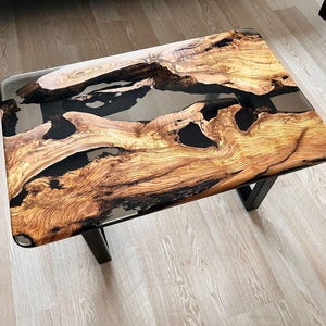 Handmade Smoked Epoxy and Olive Wood Coffee Table, Rustic, Modern