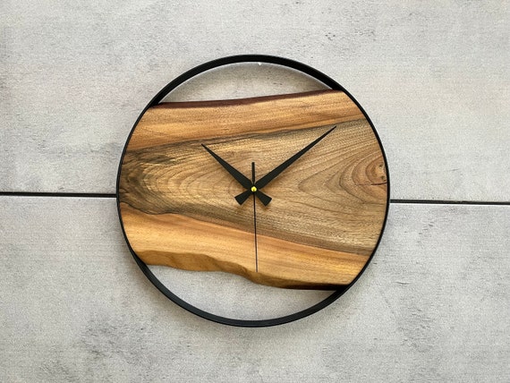 Modern Rustic Wall Clock – Black Iron Frame with Natural Walnut Wood, Handmade Minimalist Design