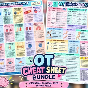 May include: Two educational posters titled Common Medical Conditions in OT and OT Clinical Cheat Sheet. These colourful charts feature medical illustrations, tables, and text detailing vital signs, muscle testing, and clinical information for therapy.