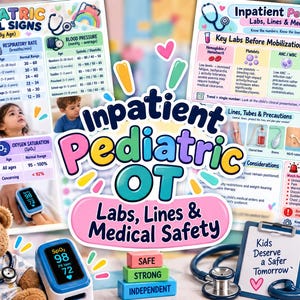 May include: Two educational posters titled Pediatric Vital Signs and Inpatient Pediatric OT Labs, Lines & Medical Safety. The charts feature colourful medical data, tables, and illustrations of children, a teddy bear, a pulse oximeter, and a stethoscope.