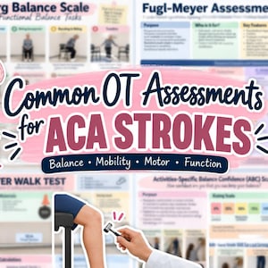 May include: An educational poster titled Common OT Assessments for ACA STROKES featuring sections on the Berg Balance Scale, Fugl-Meyer Assessment, 10 Meter Walk Test, and ABC Scale, with illustrations of a stopwatch, brain, and clinical testing.