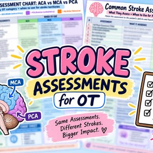 Puede incluir: Un gráfico educativo titulado STROKE ASSESSMENTS for OT con un diagrama cerebral codificado por colores etiquetado como ACA, MCA y PCA. Incluye un portapapeles con una lista de verificación y el texto Same Assessments. Different Strokes. Bigger Impact.